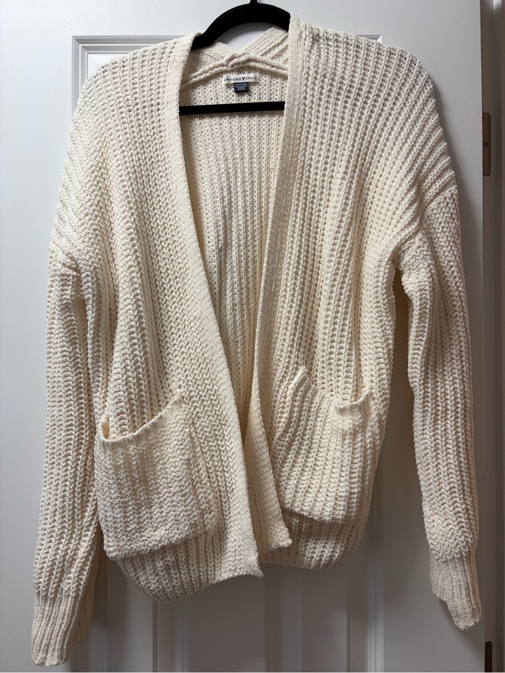 American Eagle Outfitters Cream Open-Front Waffle Knit Cardigan
